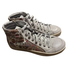 P448 Skate Silver Glitter Paisley High Top Sneakers Womens Metallic Silver Grey